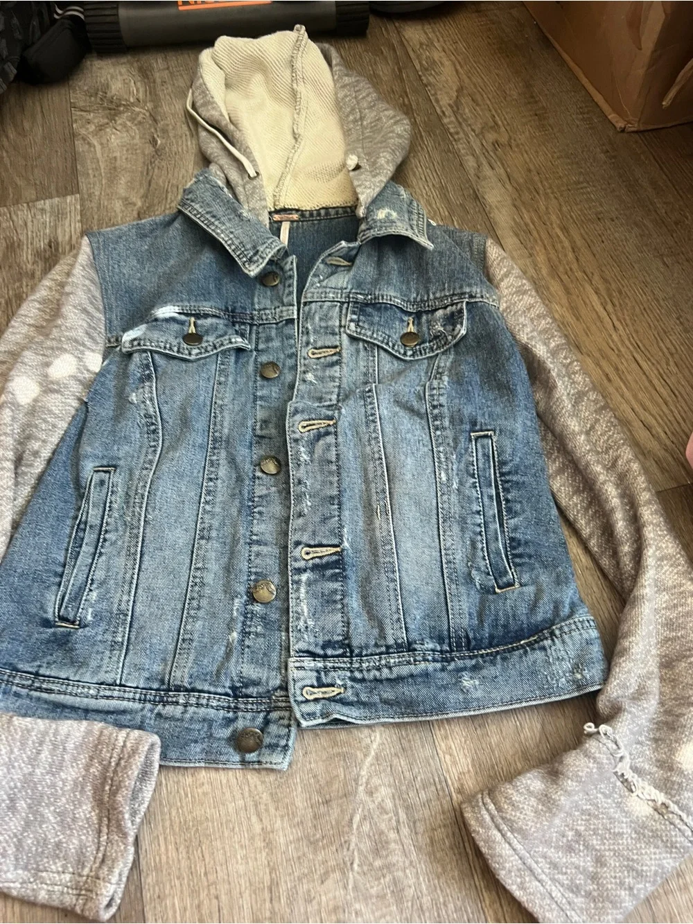 Free People | Distressed Knit Sleeve Denim Jacket S Grunge Hooded Streetwear - Picture 5 of 14